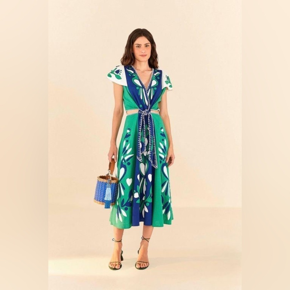 Farm Rio Soft Garden Patchwork Linen-Blend Midi Dress NWT